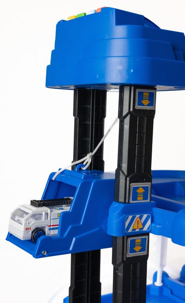 DMG Supply Politiegarage Speelset - 3-Laagse Speelgoedgarage met Lift en Helikopterplatform - Met 2 Auto’s en 1 Helikopter - Vanaf 3 Jaar