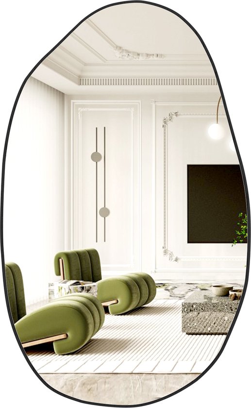 Wandspiegel - 85 x 52 cm - Zwart - Asymmetrische Spiegel, Grote Unieke Make-Up Spiegel - Wandgemonteerde Spiegel - Dressingspiegel voor Woonkamer, Slaapkamer en Badkamer - Badkamer Spiegel