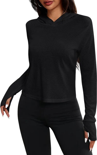 SparkNine Blaze sport hoodie - met capuchon & stijlvolle print - XL - zwart - sporttrui dames - longsleeve - ademend & lichtgewicht