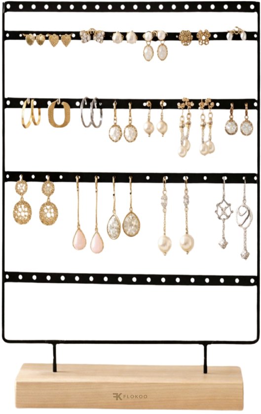 Sieradenrek met Houten Voet – Oorbellen Houder Staand – Sieraden Organizer 4 Rijen – Metalen Display Standaard – Oorbellen Display 36 cm – Sieradenhouder voor Oorbellen & Sieraden