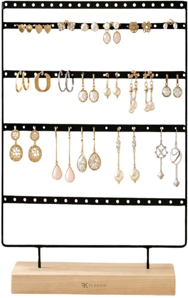Sieradenrek met Houten Voet – Oorbellen Houder Staand – Sieraden Organizer 4 Rijen – Metalen Display Standaard – Oorbellen Display 36 cm – Sieradenhouder voor Oorbellen & Sieraden