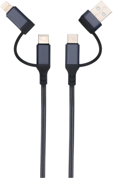 3-in-1 USB Kabel – 1 meter – Snelladen & Dataoverdracht – USB naar USB-C - Lightning – Nylon Gevlochten – Zwart - oplaadkabel Telefoon