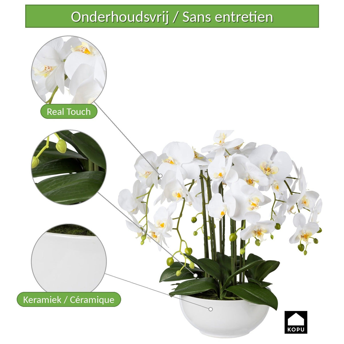 Kopu® Kunstbloem Orchidee 54 cm Wit met Schaal - Phalenopsis