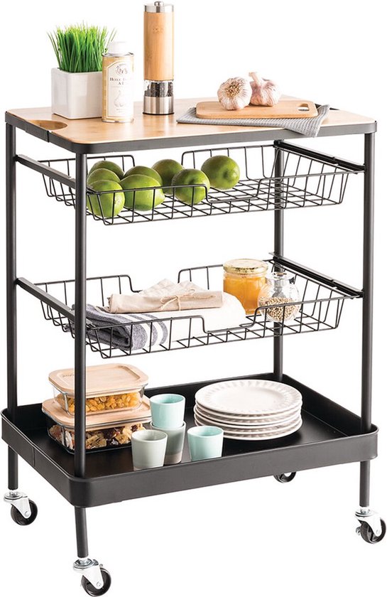 Serveerwagen met 3 opbergvakken en plateau 40x60x79 cm - Zwart