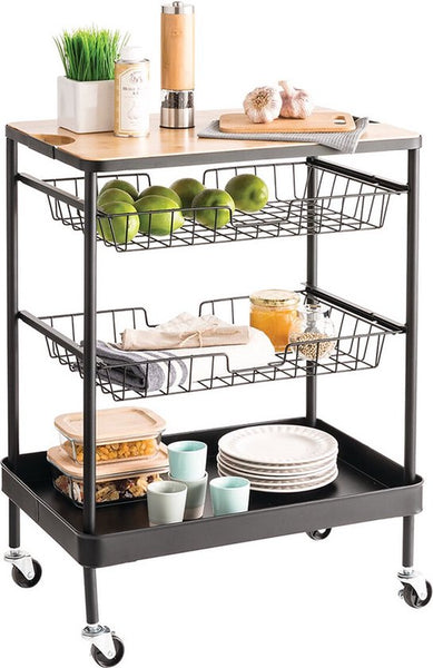 Serveerwagen met 3 opbergvakken en plateau 40x60x79 cm - Zwart