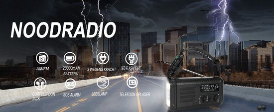NovaWare NoodRadio Solar Opwindbaar - FM-AM - Powerbank Zonneenergie met 20.000mAh - Noodpakket - Draagbare Radio op batterijen – Zwart