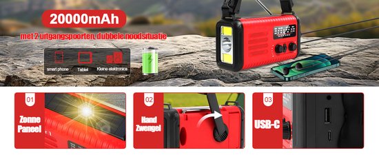 NovaWare NoodRadio Solar Opwindbaar - FM-AM - Powerbank Zonneenergie met 20.000mAh - Survival Noodpakket - Draagbare Radio op batterijen – Rood