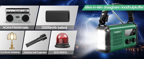 NovaWare NoodRadio Solar Opwindbaar - FM-AM - Powerbank Zonneenergie met 20.000mAh - Survival Noodpakket - Draagbare Radio op batterijen – Groen