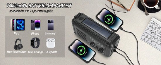 NovaWare NoodRadio Solar Opwindbaar - FM-AM - Powerbank Zonneenergie met 20.000mAh - Noodpakket - Draagbare Radio op batterijen – Zwart
