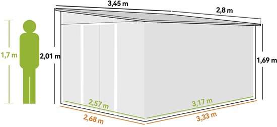 Metalen Tuinschuur met Schuin Dak - Dubbele Vergrendelbare Deuren - 2,8 x 3,45 x 2,01m - Grijs