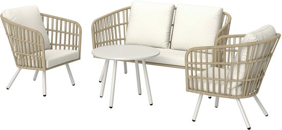 4goodz Tuinmeubelset 4-delig met salontafel bank en 2 stoelen - Creme
