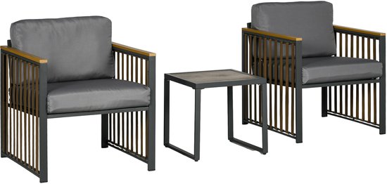 Tuinset, 3-delig, inclusief zitkussen, houtdecor, roestvrij metalen frame, Grijs