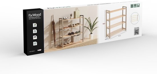 Schoenenrek 4-laags – 65x20x68 cm – Houten & Kunststof Schoenenkast – Schoenen Organizer – Ruimtebesparend Schoenenrek voor Hal, Slaapkamer of Gang – FixWood