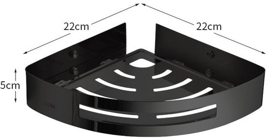 Hoek Doucherek Zwart – Badkamer Hoekplank met Schroefmontage – Roestvrij & Waterafvoer – 22 × 22 cm