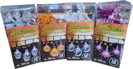 Sasemy - Halloween set - Lichtsnoer - Lampjes - LED Slinger - 4 stuks -Spook - Spin - Pompoen - Doodskop 100 cm - 10 Ledlapjes per slinger -Halloween versiering - Griezelen - Plus gratis spookje