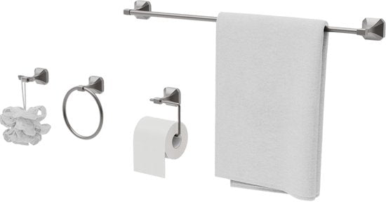 Badkamer Accessoire Set - Nikkel – 4-delig – Handdoekstang, WC Rolhouder, Handdoekring & Haak – RVS – Wandbevestiging – Modern Design