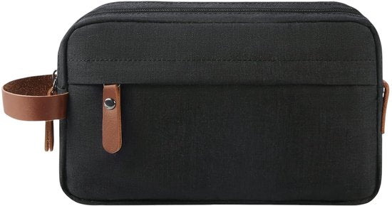 Luxe Toilettas Heren & Dames – 28 cm x 10 cm x 18 cm (lxbxh) - Dubbel Compartiment – Waterafstotende Reistas – Zwarte Toilettas met Leren Details – Grote Washbag – Ideaal voor Vakantie & Sportschool – FLOKOO