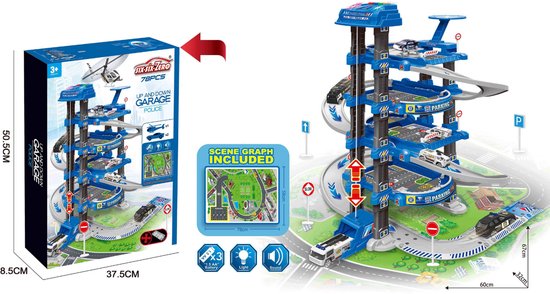 DMG Supply Politiegarage Speelset - 3-Laagse Speelgoedgarage met Lift en Helikopterplatform - Met 2 Auto’s en 1 Helikopter - Vanaf 3 Jaar