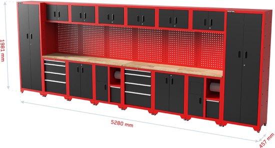 Feistos Juno 13 XL Gereedschapswand - 528 x 46 x 198 cm - Zwart/Rood