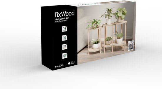 Fixwood 2-Laags Plantenstandaard Set van 3 – Massief Hout & Kunststof – Modern Bloemenrek – Plantenhouder Binnen – Scandinavisch Design – Beige – 2-Tier Plant Stand