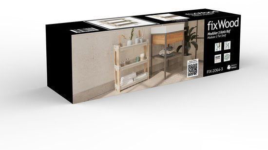 Fixwood 3-laags Modulair Opbergrek – Natuurlijke Houtlook & Crèmekleur – Badkamerrek, Keukenrek of Plantenrek – Stevig & Stapelbaar – 60x20x70 cm