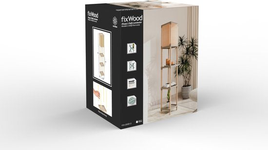 Fixwood Houten Staande Lamp met 3 Planken – Scandinavisch Design – Etagère Vloerlamp – Hout & Linnen – Warm Wit Licht – Voor Woonkamer, Slaapkamer of Kantoor