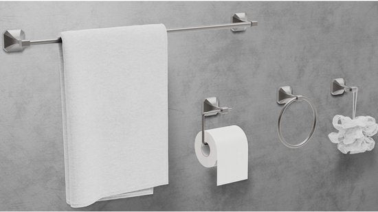 Badkamer Accessoire Set - Nikkel – 4-delig – Handdoekstang, WC Rolhouder, Handdoekring & Haak – RVS – Wandbevestiging – Modern Design