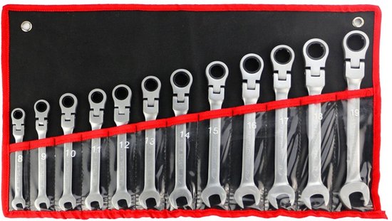 Ratel Ringsleutel Set met Flexibele Kop – Metrische Steek--Ringsleutels – 72-Tands Ratel – Voor Auto, Motor & Werkplaats