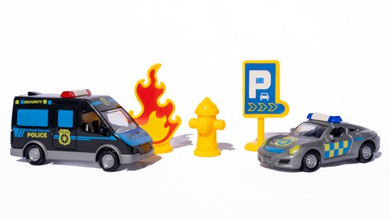 DMG Supply Politiegarage - 4-in-1 - Politiebureau met 2 Metalen Auto’s - 3 Laags Parkeergarage - Speelset