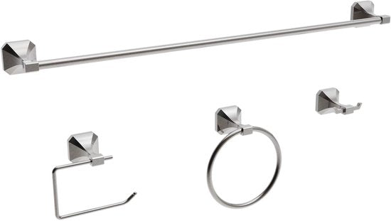 Badkamer Accessoire Set - Nikkel – 4-delig – Handdoekstang, WC Rolhouder, Handdoekring & Haak – RVS – Wandbevestiging – Modern Design