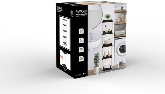 Fixwood Houten Modulaire Opbergrek – Massief Hout & Kunststof – Badkamerrek, Keukenrek of Plantenrek – 127 cm Hoog – Zwart-Naturel
