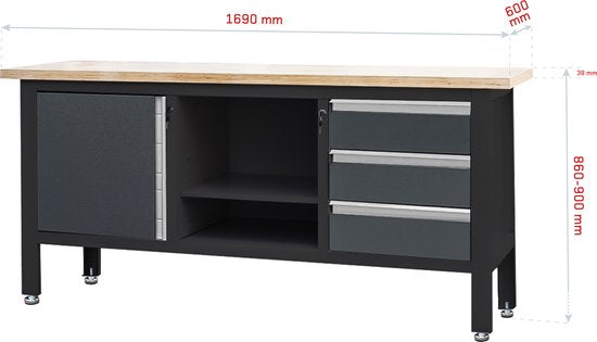 Feistos Werkbank Heros 1 inclusief geperforeerde wand 169x60x87cm - Antraciet/zwart
