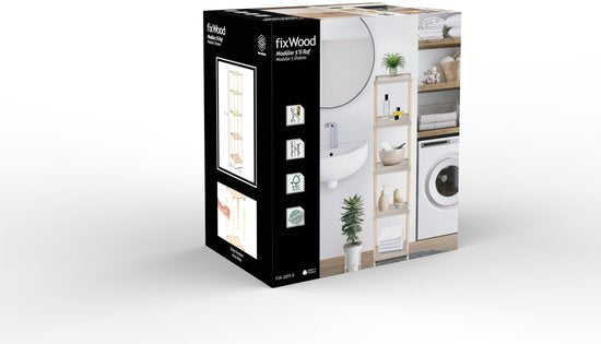 Fixwood Houten Modulaire Opbergrek – Massief Hout & Kunststof – Badkamerrek, Keukenrek of Plantenrek – 127 cm Hoog – Beige-Naturel