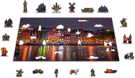 Wooden City Amsterdam bij Nacht XL - Houten Vormpuzzel - 52x38 cm - 600 stukjes