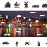 Wooden City Amsterdam bij Nacht XL - Houten Vormpuzzel - 52x38 cm - 600 stukjes