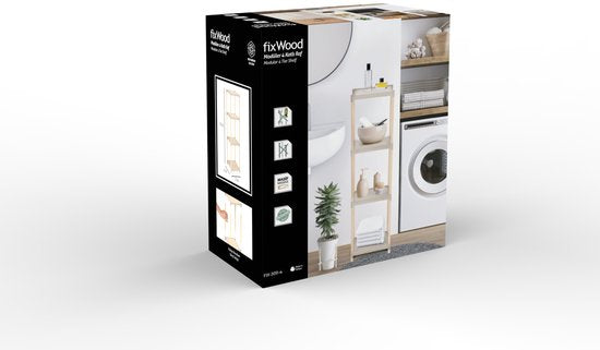Fixwood Houten Modulaire Opbergrek – Massief Hout & Kunststof – Badkamerrek, Keukenrek of Plantenrek – 105 cm Hoog – Beige-Naturel