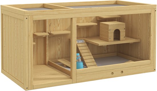 Knaagdierkooi - Sparrenhout - inclusief accessoires en drinkfles - 100 x 50 x 50 cm - Natuurlijk