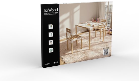 Fixwood Kinder Tafel- en Stoelenset – Natuurlijk Hout & Kunststof – Duurzaam Speel- en Leermeubel – 3-delig (1 Tafel + 2 Stoelen)