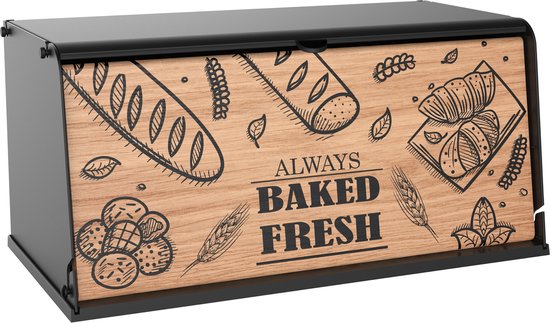 Fixwood Broodtrommel met Houten Klep – Luxe Brooddoos van Kunststof en Hout – Stijlvol & Ruimtebesparend – Houdt Brood Langer Vers – Zwart-Hout Design