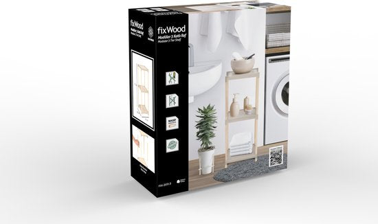Fixwood Houten Modulaire Opbergrek – Massief Hout & Kunststof – Badkamerrek, Keukenrek of Plantenrek – 72 cm Hoog – Beige-Naturel