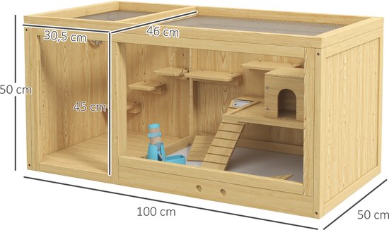 Knaagdierkooi - Sparrenhout - inclusief accessoires en drinkfles - 100 x 50 x 50 cm - Natuurlijk