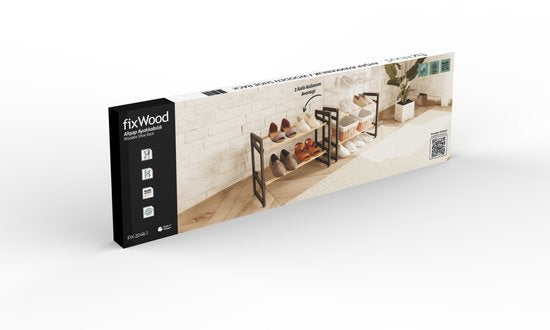 FixWood Houten Schoenenrek – 2-in-1 Stapelbaar Schoenenrek – 2 of 4 Lagen – Compact, Duurzaam en Stijlvol – Zwart-Hout – 65x26x52 cm