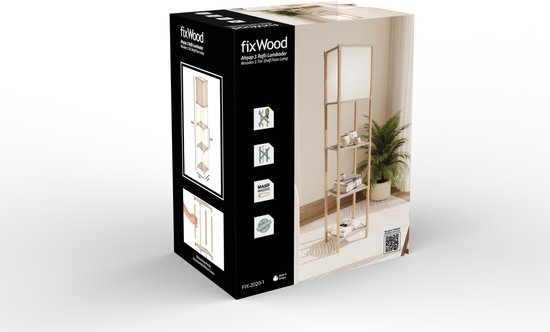 Fixwood Houten Staande Lamp met 3 Planken – Scandinavisch Design – Etagère Vloerlamp – Hout & Linnen – Warm Wit Licht – Voor Woonkamer, Slaapkamer of Kantoor