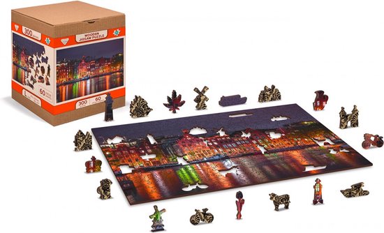 Wooden City Amsterdam bij Nacht XL - Houten Vormpuzzel - 52x38 cm - 600 stukjes