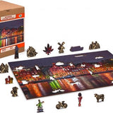 Wooden City Amsterdam bij Nacht XL - Houten Vormpuzzel - 52x38 cm - 600 stukjes