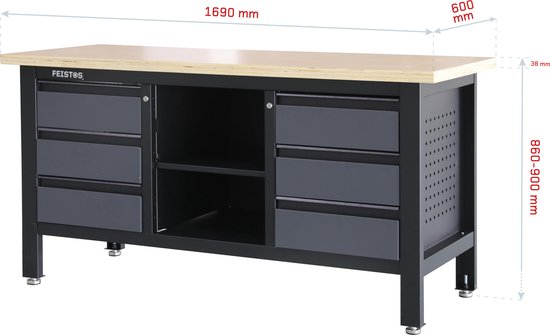 Feistos Werkbank Heros 3 - incl. geperforeerde wand - Antraciet/zwart - 60x169x87cm