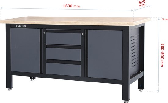 Feistos Werkbank Heros 2 inclusief geperforeerde wand - 169x60x87cm - Antraciet/zwart
