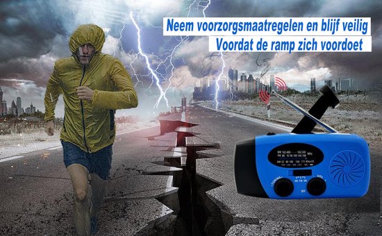 NovaWare Noodradio Solar Opwindbaar - Powerbank Zonneenergie met 5000mAh - FM-AM - Noodpakket - Draagbare Radio – Batterij - Blauw