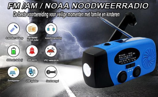 NovaWare Noodradio Solar Opwindbaar - Powerbank Zonneenergie met 5000mAh - FM-AM - Noodpakket - Draagbare Radio – Batterij - Blauw