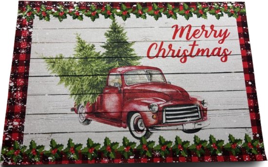 Kerst Deurmat - Deurmat kerstauto - Linnen Kerstmat - Deurmat - Vloermat - Antislip - Droogloopmat - Deurmat met tekst - Decoratieve Deurmat - Merry Christmas Deurmat - Deurmat Voor Binnen en Buiten - 59,5x40 CM